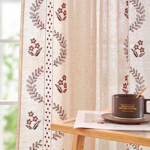 jinchan Belrose Linen Curtains for Bedroom Floral Curtains 84 Inch Length Linen Blend Burgundy Red Embroidered Drapes Farmhouse Flower Patterned Drapes for Living Room Window Treatments Set 2 Panels