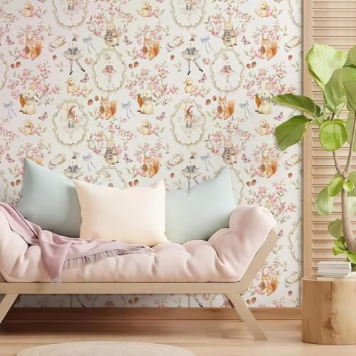 French Vintage Watercolor Peel and Stick Wallpaper, Whimsical Floral Self Adhesive Contact Paper with Ballet Bunny Squirrel Butterfly Strawberry 17.3in x 118in, Removable for Girls Nursery, Renter