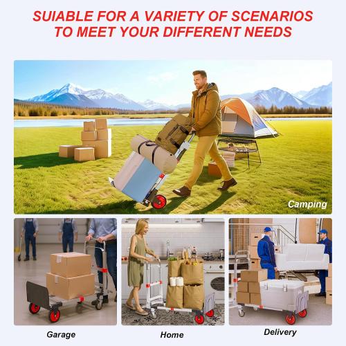 Upgraded 3 in 1 Aluminum Folding Hand Truck, 600lbs Capacity, Heavy Duty Convertible Dolly with Retractable Handle and 4 Rubber Wheels, Collapsible Cart for Moving Home, Office, Warehouse (Red)