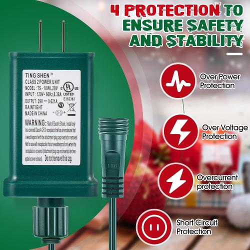 Meonum LED Power Supply, UL Certification Transformer Replacement Class 2 Power Supply with 3 Meter 2 Pin Extension Cable, Low Voltage Transformer US Plug Adapter for Christmas Tree Light(TS-18WL29V)