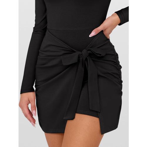 Size L....Women Long Sleeve Tennis Dress 2026 Fall Bodycon Tie Waist Romper Skorts Athletic Mini Dresses Built in Shorts