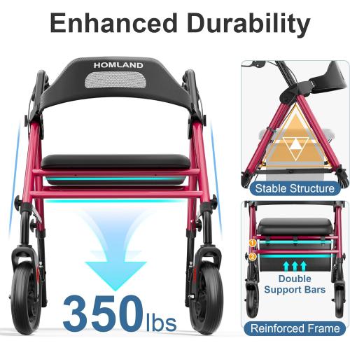 Foldable Rollator Walkers with Seat for Seniors, 8'' Big Wheels, 350 lb. Weight Capacity, Adjustable Handles and Seat Height, Lightweight Rolling Walker, Red