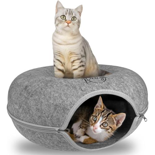 Peekaboo Cat Cave, Cat Tunnel Bed, Premium Cave Donut Tunnel Bed Set with Pet Brushes Bath Massage, Donut Design - Ideal Houses for Indoor by PALIGU & CO (Grey, Medium)