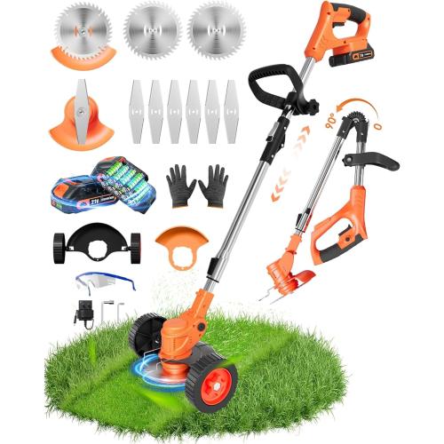 21V Cordless Weed Wacker, Lightweight Trimmer with 2 2.0Ah Battery, Electric Weed Eater Battery Powered, 3 in 1 Grass Trimmer/Brush Cutter/Edger Lawn Mower with 2 Types Blades & Wheels for Garden Yard