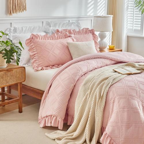 Tufted Ruffle Comforter Set Twin Size, Blush Pink Ruffled Farmhouse Comforters, Luxury Solid Soft and Embroidery Shabby Chic Boho Bohemian Bedding Set for Girls