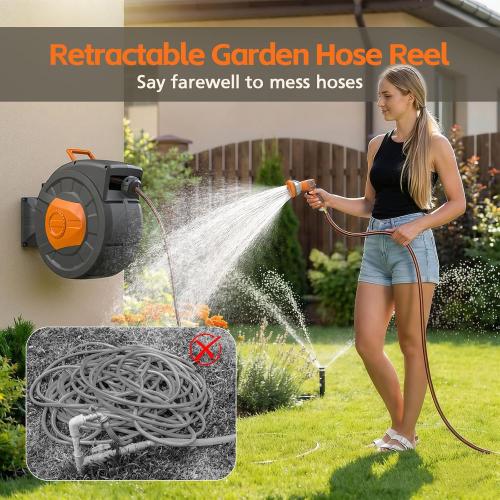 Retractable Garden Hose Reel 100 FT, 1/2 Heavy Duty Garden Hose 435 PSI Burst Pressure, Wall Mounted Water Hose Reel with 10-Pattern Nozzle, 180° Swivel, Slow Auto Rewind & Any Length Lock