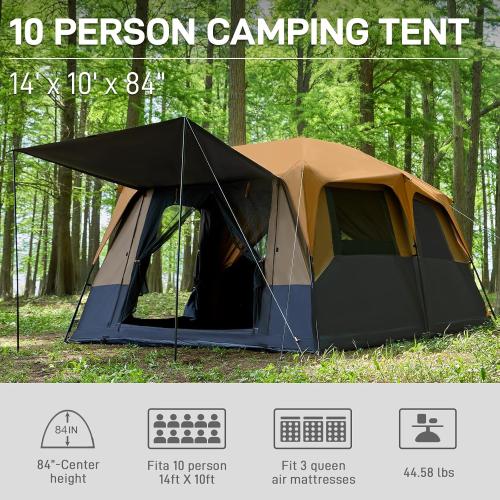 EVER ADVANCED 10 Person Camping Blackout Design Tent, Multi Room Tent for Family, Large Tents with Rainfly and Carry Bag, 2 Doors, Water-Resistant, 14ft x 10ft x 84in