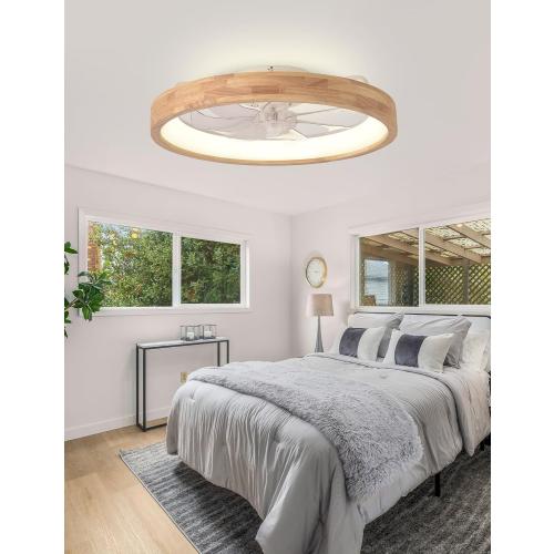 Low Profile Flush Mount Wood Fandelier Ceiling Fan with Light | Remote/APP, timer, memory, reversible, dimmable, 6 speeds; for bedroom, living room.