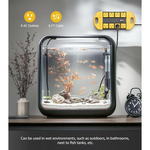 CCCEI 2 Outdoor Power Strips Weatherproof with 8 Plug, Waterproof Extension Cord with Multiple Outlets, Christmas Exterior Garden Yard Surge Protector 6FT, Yellow.