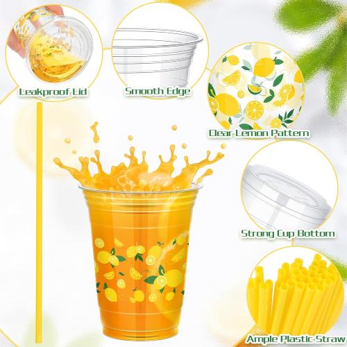 300 Pieces Lemon Plastic Disposable Cups with Lids and Straws 16 Ounce Lemon Hawaiian Luau Party Plastic Cups Clear Summer Tropical Party Cups Fruit Cold Cups for Lemonade Juice Water