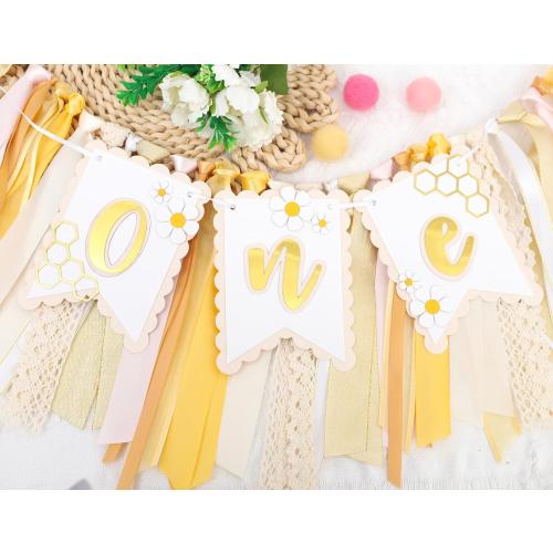 Bee One High Chair Banner Yellow - Bee for 1st Birthday Highchair Banner, Beehive Theme Birthday Party Supplies, Sweet One Party Decorations, Daisy First Photo Props (Beehive Garland Yellow)