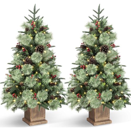 Jin&Bao 4FT Potted Christmas Tree with 100 Lights, 2 Pack Artificial Xmax Tree Timer Function with Long Pine Cones & Red Berries, 3AA Battery Operated Christmas Decorations for Outdoor, Porch