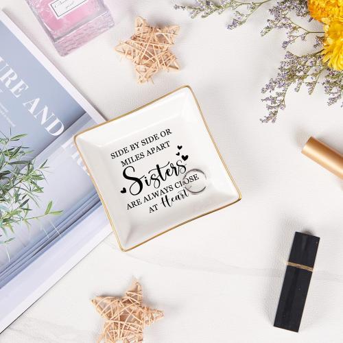 Sister Gifts Trinket Jewelry Dish- Side by side or miles apart, sisters are always close at heart, Sisters Birthday Gifts Mother's Day Valentines Christmas Gift for Sister from Sister