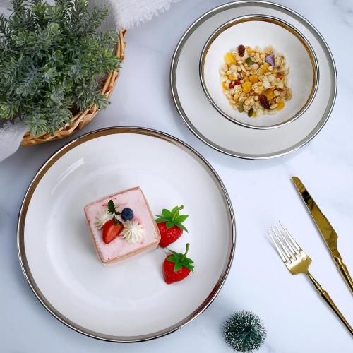 12-Piece Porcelain Dinnerware Set with Silver Rim- Durable Porcelain Plates & Bowls, Complete Service for 4