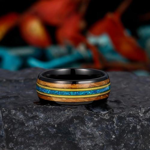 8mm Tungsten Rings for Men Black/Rose Gold Plated Men's Wedding Promise Bands with Meteorite/Dinosaur Bone/Opal/Wood/Guitar String Inlaid Hammer/Domed Polished Comfort Fit Size 7-14