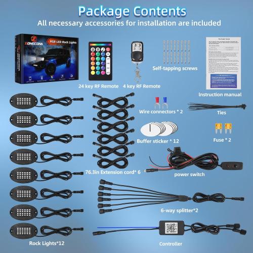 12Pods Metal RGB LED Rock Lights with Bluetooth APP/RF Remote Control, 288LED Multicolor Underglow Lights Kit with Dual Zone Music Mode 12V Underbody Light Waterproof for Trucks Jeep Golf Cart Pickup