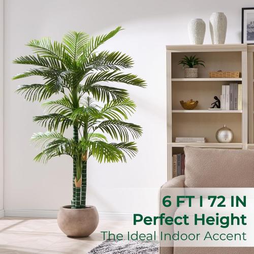 6FT Tall Triple Golden Cane Palm Tree (1 Pack), Large Faux Plants, UV Resistant Indoor/Outdoor Fake Plant in Black Cement Pot - Realistic Tropical Decor for Patio, Living Room, Office