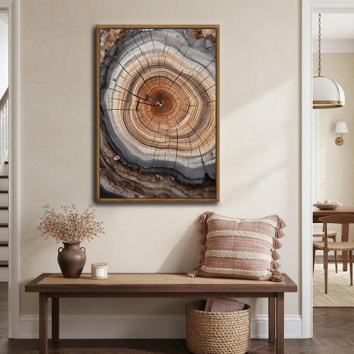 IBHJSART Framed Tree Ring Canvas Wall Art Vintage Colorful Wood Stump Painting Prints Modern Minimalist Pictures Neutral Nature Rustic Farmhouse Decor Living Room Bedroom Bathroom Office