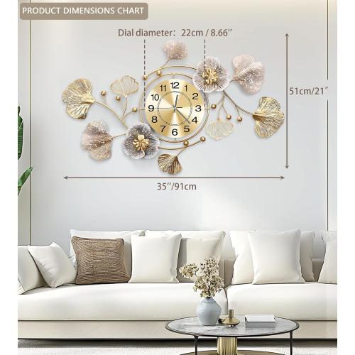 Clocks for Living Room, Large Wall Clock, 3D Silent Wall Clock, Retro Metal Ginkgo Leaf Design, for Bedroom Kitchen Decorative Wall Clocks（35''x20'' ）