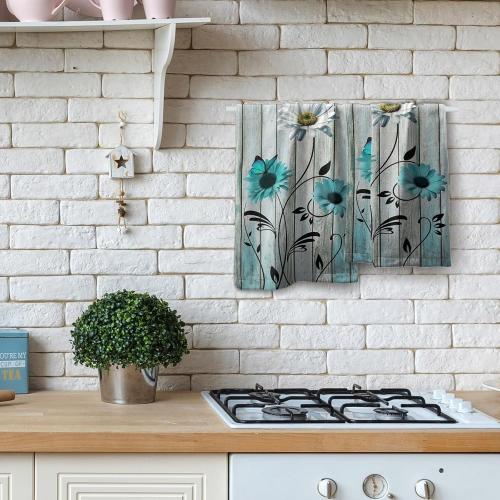 Teal Floral Hand Towels Set of 2 Rustic Daisy Fingertip Towel Soft Absorbent Guest Bath Towel Kitchen Dish Towel for Spa Home Bathroom
