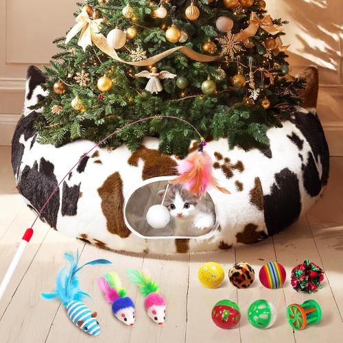 OurWarm Cat Tunnel Christmas Tree Skirt, Cow Print Cat Tunnels for Indoor Cats with Washable Mat and Hanging Ball, Round Cat Tunnel Bed Cat Donut Tunnel with 11 Cats Toys for Puppy Rabbit Cats Bed