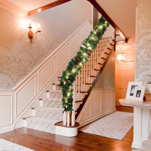 Joiedomi 9FT Christmas Garland Prelit with 50 Count String Lights, Bristle, Pine Cones, Holly Berries for Outdoor & Indoor Winter Christmas and Holidays Decorations, Plug in Lighted Pine Garland
