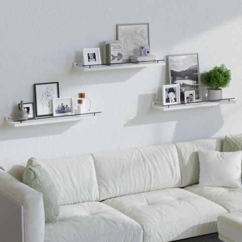 WOPITUES Floating Shelves 24 inch with Gold Metal Guardrail, Shelves for Wall Decor Set of 3, Wall Shelves for Bedroom, Bathroom, Kitchen, Living Room, Plants, Picture Frames, Art- Black and White