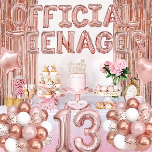 13th Birthday Party Decorations for Girls, Rose Gold Official Teenager Foil Balloons 13th Birthday Banner Fringe Curtain Crown Sash Paper Pompoms Cake Topper for 13 Year Old Girls Party Favor Supplies