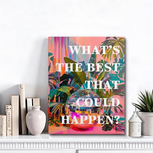JWVK What's the Best that Could Happen Sign Canvas Wall Art Prints, Eclectic Home Decor, Trendy Funky 70s Retro Disco Ball Inspirational Positive Wall Decor Posters for Home Office, 11x14 Inch Framed