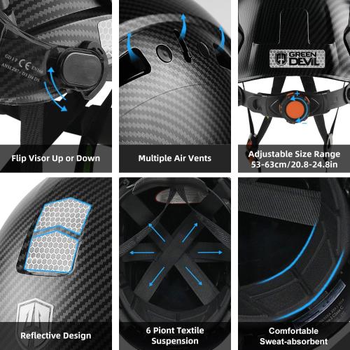 GREEN DEVIL Hard Hat Safety Helmet with Visor Bluetooth Ear Muffs and Headlamp 5 in 1 Full Protection Vented Work Hardhat ANSI Z89.1 Cascos De Construccion for Industrial Construction Forestry