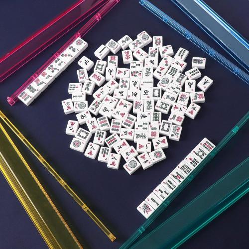 American Mahjong Game Set, 166 White Tiles, Blue Printed Bag with Entire Accessories, 4 All-in-One Rack/Pushers, Mahjong Tiles Set