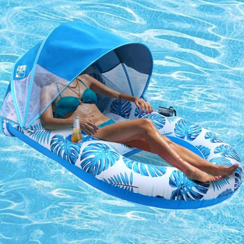 Pool Lounge Float with Canopy UPF50 ,Extra Large Pool Floats for Adults Heavy Duty,Inflatable Lounger Float with Cup Holder & Backrest,Footrest
