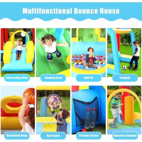 Inflatable Bounce House with Slide, Jumping Castle with Blower and Wave Pool, Basketball Rim, Football Goal