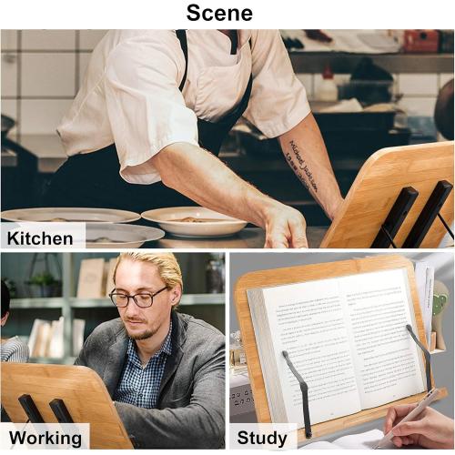 Readaeer Bamboo Book Stand, Large Book Holder with 6 Adjustable Height, Foldable Cookbook Stand Desktop Document Holder for Kitchen & Office (13.4 x 9.3 Inch)