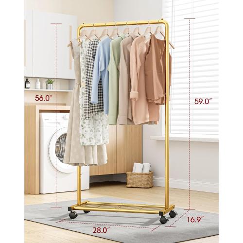 Clothes Rack - Clothing Rack with Storage Mesh Shelf & Casters, Heavy-Duty Metal Clothing Rack for Hanging Clothes, Dresses, Coats, Large Load Capacity, Easy Assembly, Gold, 28.0x16.9x59.0