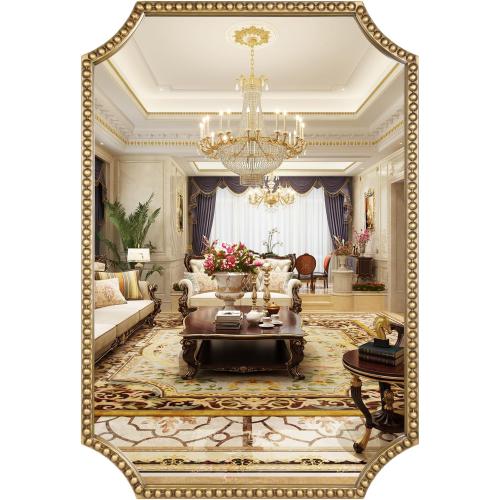 30x40 Mirror for Wall, Full Scalloped Corners Rectangle Decorative Mirror, Metal Beaded Frame Accent Wall Decor for Bathroom, Entryway, Mantel, Antique Gold