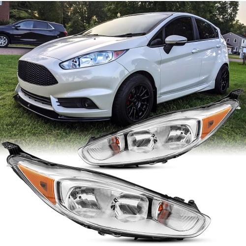 Pair Headlights Assembly With Bulbs For 2014-2019 Ford Fiesta S SE ST Sedan Hatchback Halogen Replacement Front Headlamps Chrome Housing Amber Reflector Clear Lens(LH&RH)