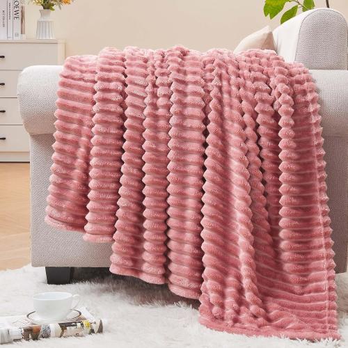 BEDELITE 3D Ribbed Jacquard Pink Fleece Throw Blanket for Couch, 50x60 Inch