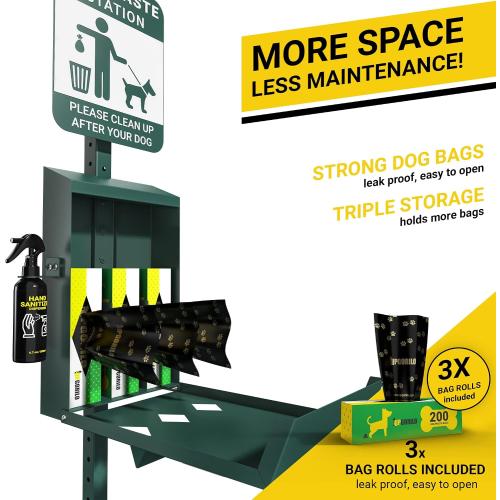 Mini Pet Waste Station - Includes 600 Dog Poop Bags - Original Glow in the Dark Dog Waste Station and Dog Poop Sign, Triple Storage Dog Poop Bag Dispenser with Hand Sanitizer Bottle
