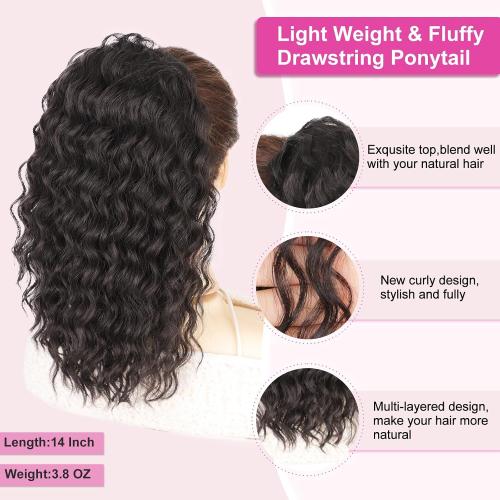 AISI BEAUTY Curly Ponytail Extension Drawstring Ponytail for Black Women 14 Inch Fake Ponytail Curly Synthetic Clip in Pony Tails Hair Extensions(Brown Black)