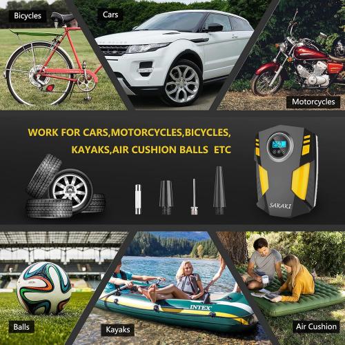 Tire Inflator Portable Air Compressor Car Tire Pump with 3 Nozzle Adaptors and Digital LED Light DC 12V Electric Car Air Pump for Car Tires and Other Inflatables Yellow