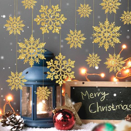 46 Pcs Gold Glitter Snowflake Ornaments Various Size Plastic Winter Snowflakes Ornaments Christmas Tree Decorations with Gold Rope for Winter Wonderland Christmas Tree Window Door Accessories