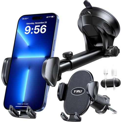 Color Black YRU [2025 Upgraded] Universal Car Phone Holder Mount【 360°Rotatable & Strong Suction】 Cell PhoneHolder Car Dashboard Windshield Phone Holder Dash Stand for iPhone 16 15 14 13 12 Samsung Truck, Black