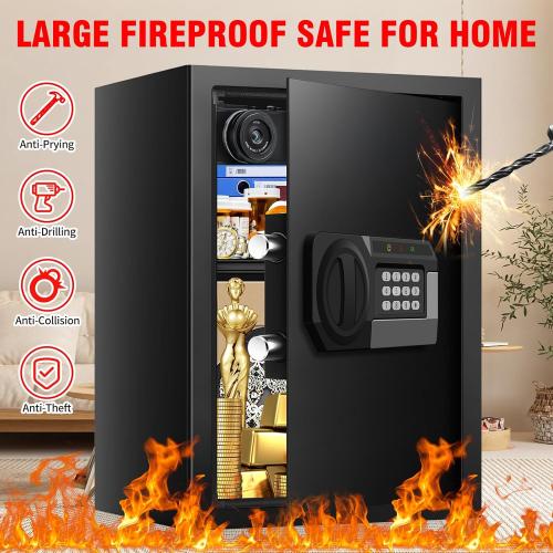BLACK 19.69 x 13.78x 12.2 inches 3.4 Cub Large Safes for Home Use Fire and Water Proof, Anti-Theft Digital Security Safe Box with Electronic Keypad and Key, Fire Proof Safe for Home Documents Firearm Medicine Money Valuables