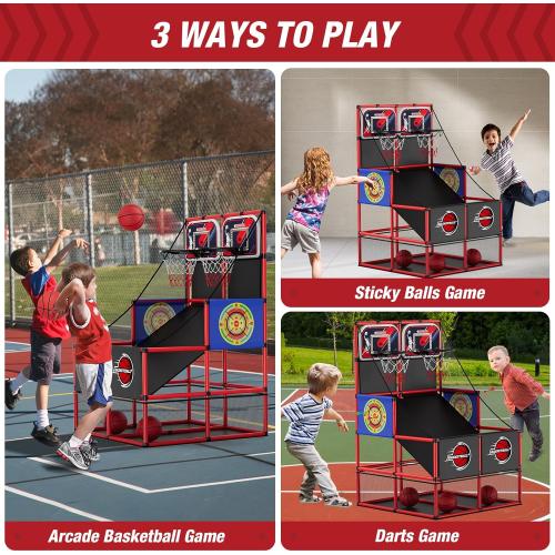 2 in 1 Dual Shot Basketball Arcade Game with 2 Dart Boards/Electronic Scoreboard/LED Light, Kids Basketball Hoop for Home Indoor Outdoor, Sport Toys Gifts for Boys Girls