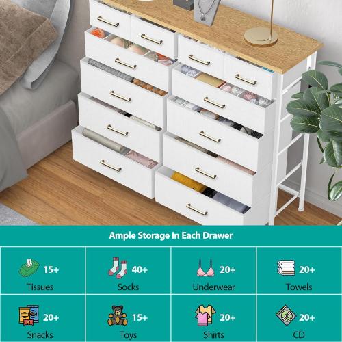 VASICAR White Dresser for Bedroom with 12 Deep Drawers, Wide Chest of Drawers, 55 TV Stand with Retro Wood Top, Tall Fabric Dresser for Closet, Nursery