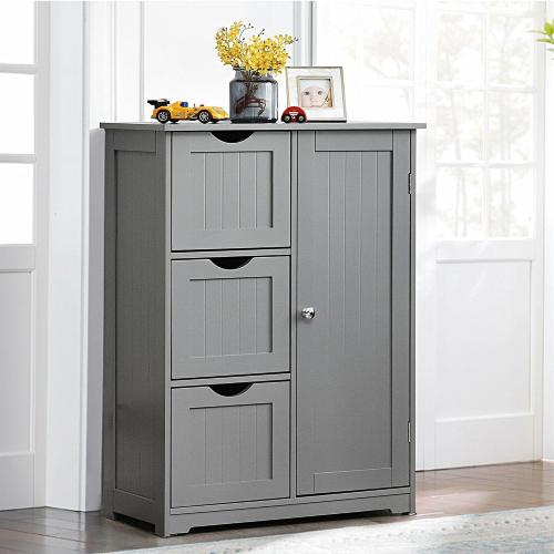 Bathroom Storage Cabinet with Doors, Wood Floor Cabinet with 3 Large Drawers and 1 Adjustable Shelf, Tall Bathroom Furniture Cabinets for Living Room, Rectangular (Gray)