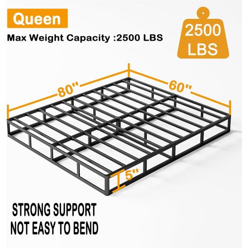 Box Spring Queen 5 inch only Low Profile Heavy Duty Metal Mattress Foundation Max Weight Capacity Strong Steel Structure Quiet Simple Assembly Extra-Strong Support No Noise Easy to Clean (MISSING BOLT)