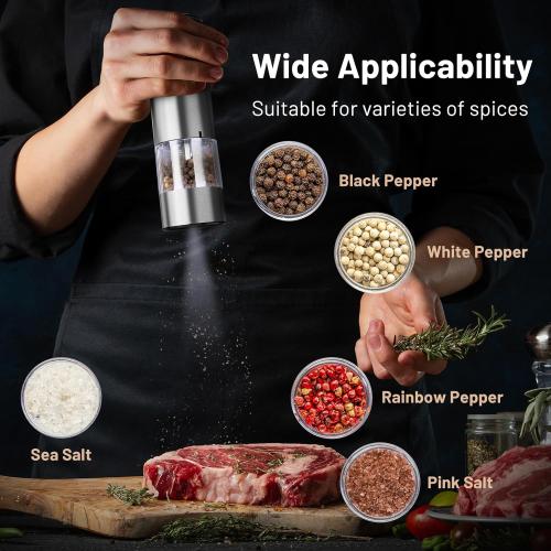 SIMPLETASTE Electric Salt and Pepper Grinder Set Automatic One Handed, Stainless Mill Shakers with Lights and Adjustable Coarseness, Battery Operated
