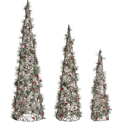 Glitzhome Set of 3 Lighted Christmas Cone Trees, Xmas Decorative Conic Tree Set with 75 Warm White LED Lights, Indoor & Outdoor Lighted Decorations for Lawn Yard Garden Party